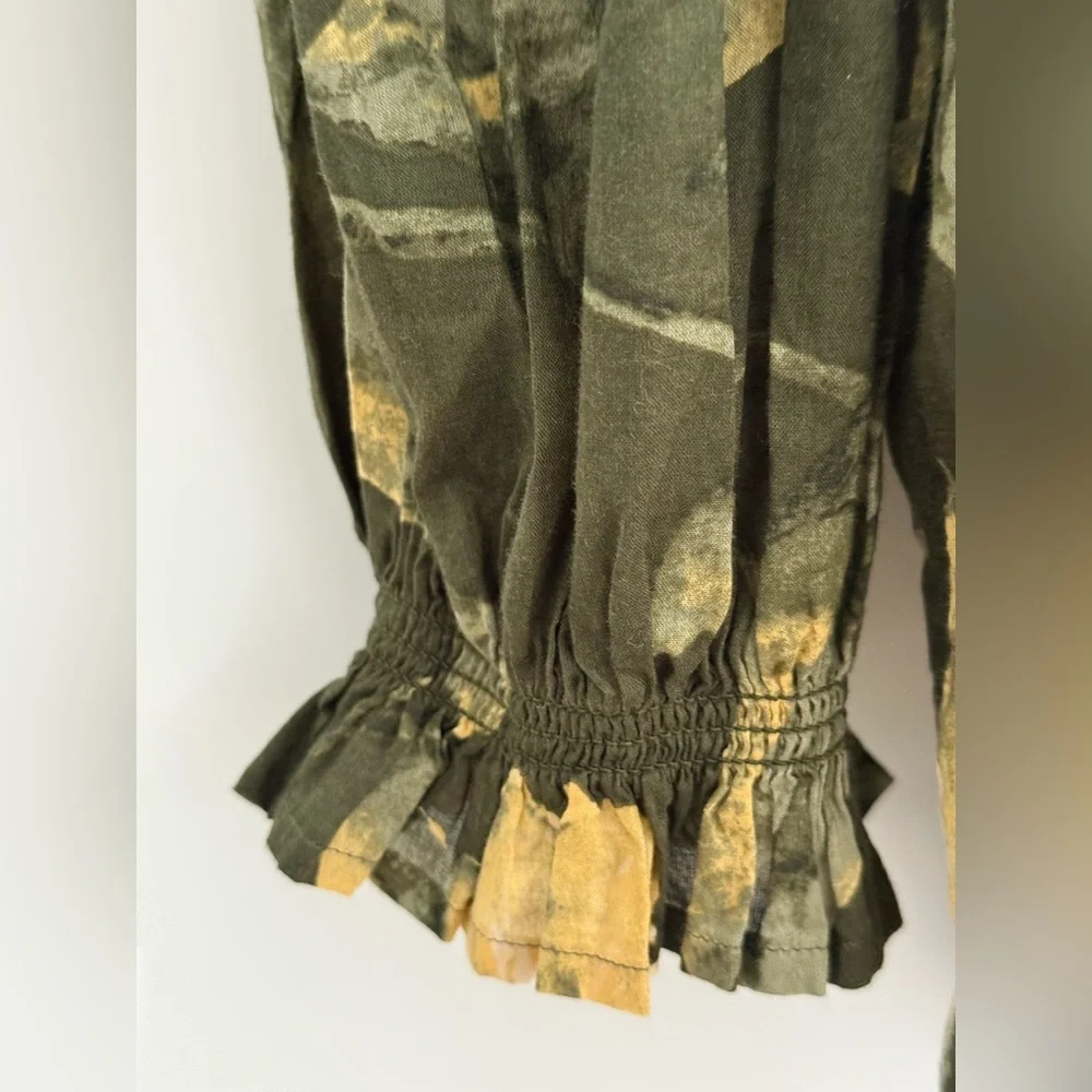 NWT Lauren Ralph Lauren dark green button down puff sleeve top w/ floral pattern - Picture 5 of 10